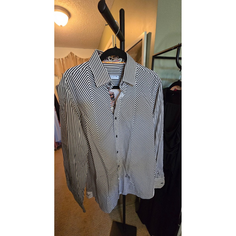 John Lennon Mens Striped Button Down Shirt Black White Paisley Trim LG 16.5/17